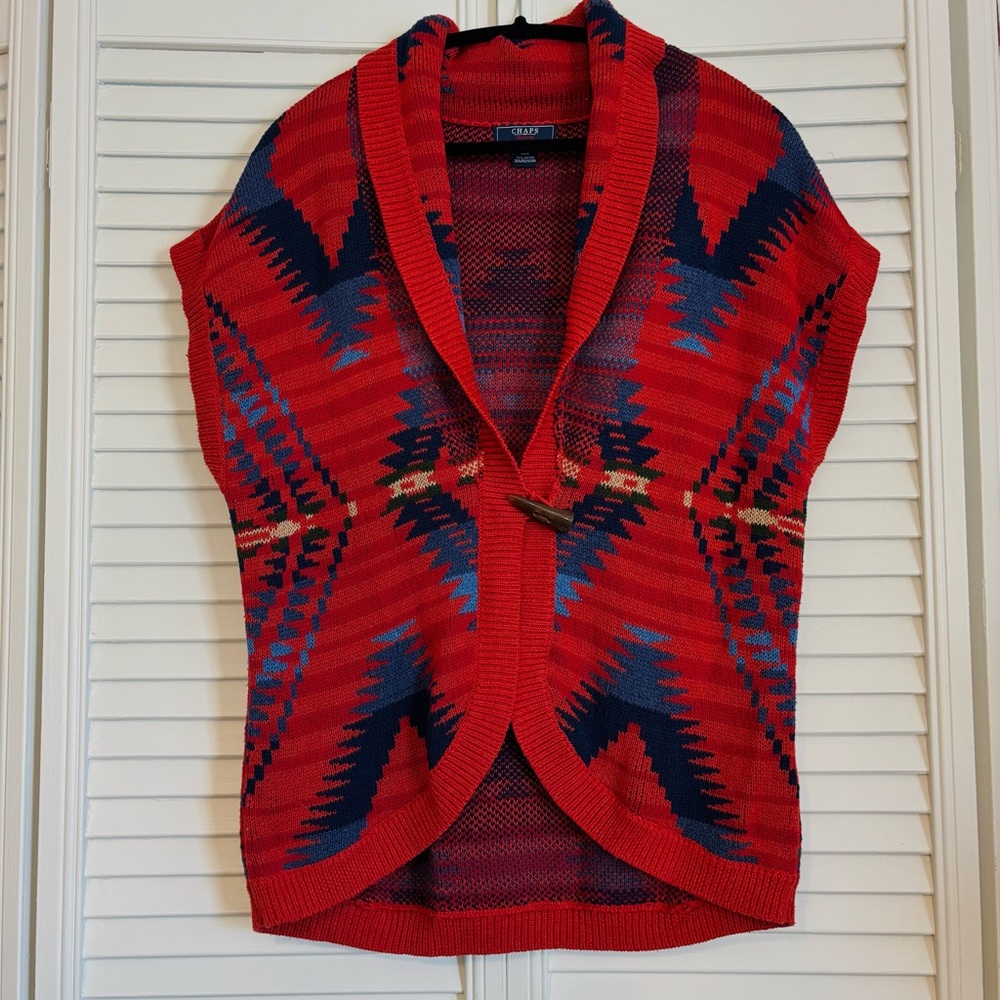 Chaps Red and Navy Blue Cardigan Sweater Southwest Size Large L